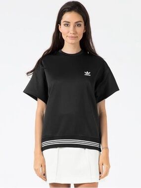 adidas Black Trefoil Short Sleeve Crew Tee with Stripe Hem